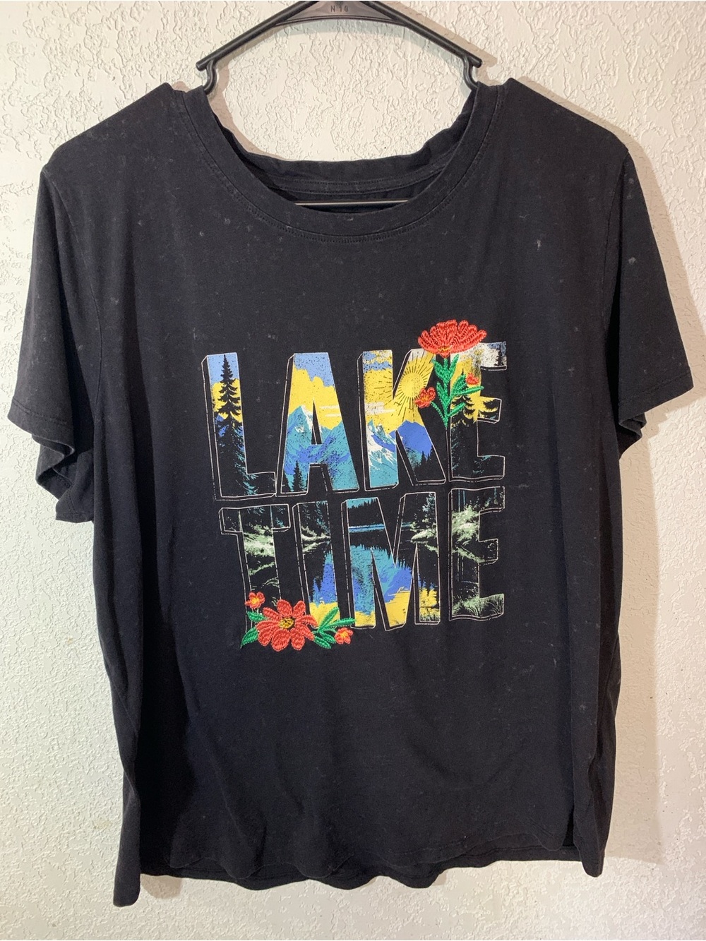 Maurices Black 'Lake Time' Graphic Tee with Multicolor Floral Accents